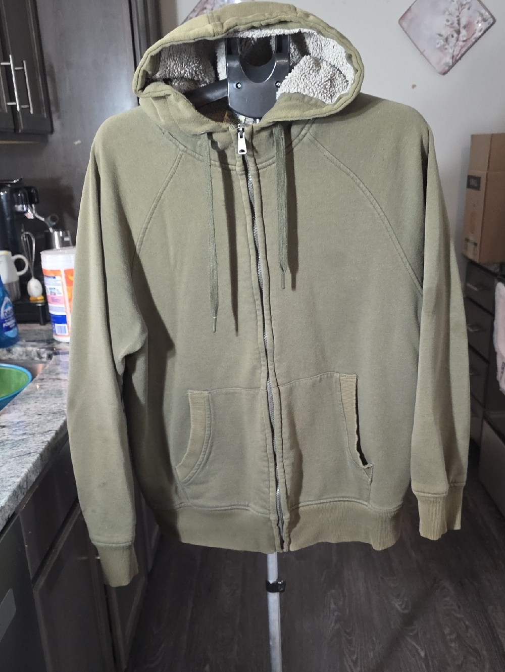 Faded Glory Olive Green Hooded Sherpa Zip-Up Sweater